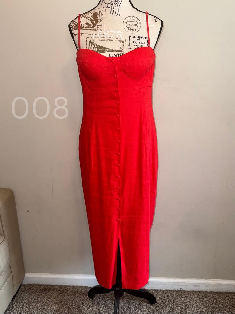 ANTONIO MELANI Red Button-Front Spaghetti-Strap Midi Dress - Size 10